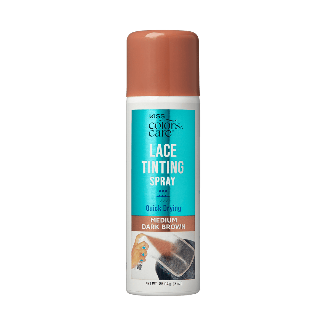 White spray can with a medium dark brown cap labeled \