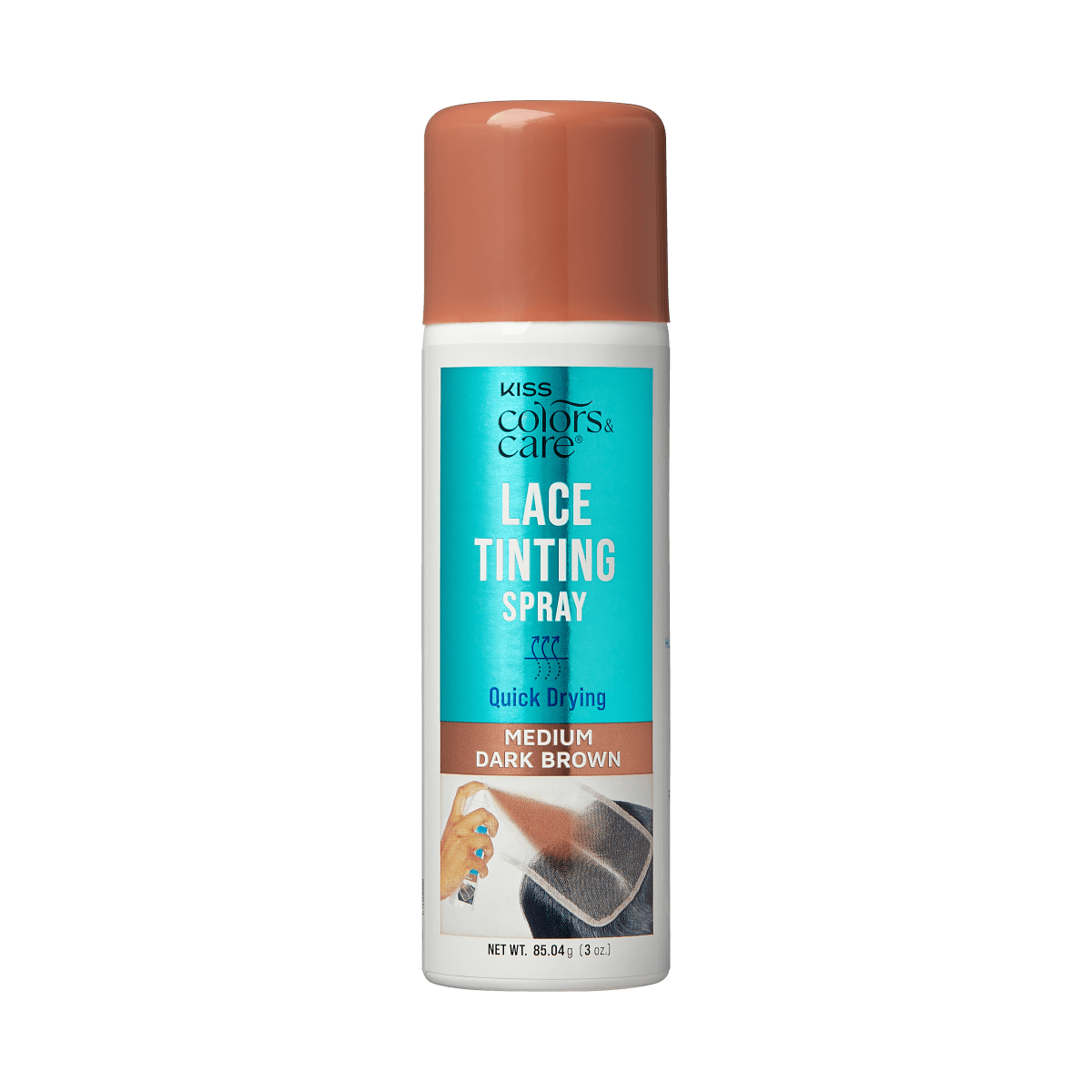 White spray can with a medium dark brown cap labeled \