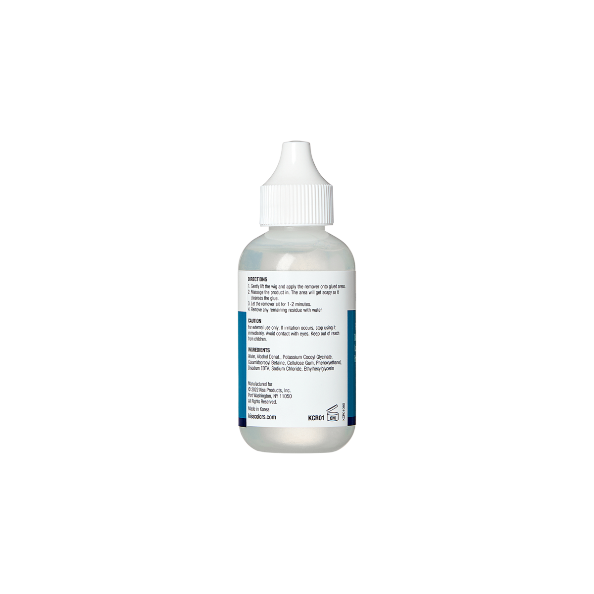 Small translucent plastic bottle with a white twist cap, labeled with directions, caution, and ingredients for a lace bond remover product by KISS Colors &amp; Care.