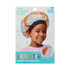 Smiling child wearing a tie-dye orange and blue satin bonnet with a black wide band, shown on KISS Colors & Care packaging for ages 5-10.