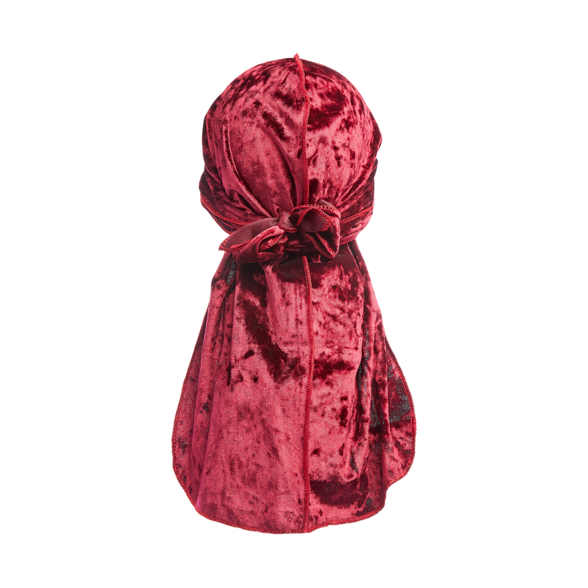Burgundy velvet durag with a seam running vertically center-back and fabric tied in a knot at the nape, shown against a white background.