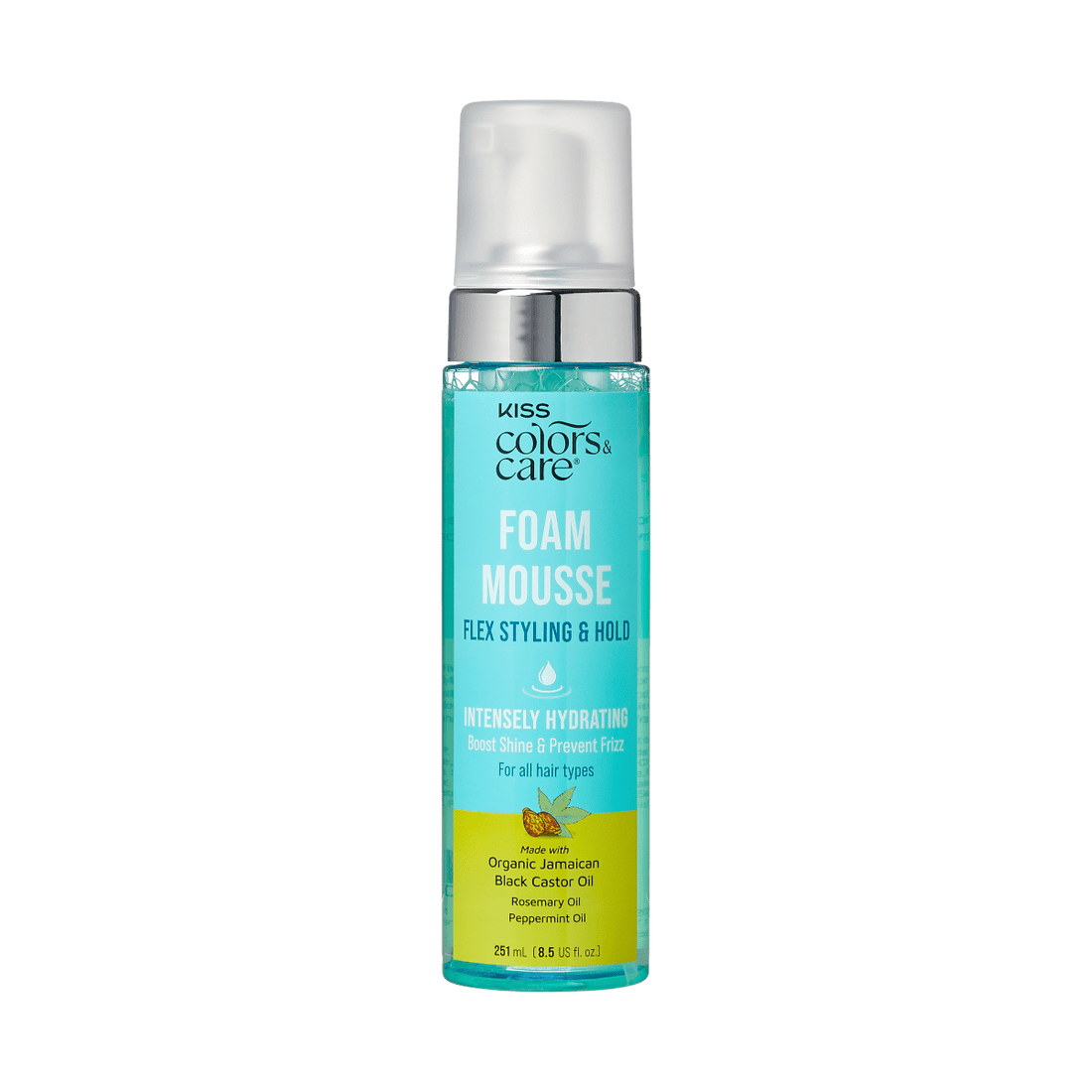 Clear blue plastic bottle of KISS Colors &amp; Care Foam Mousse with silver pump and frosted cap, labeled for flex styling and hold, hydrating with Jamaican black castor oil.