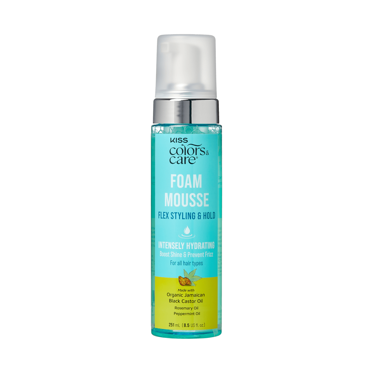 Clear blue plastic bottle of KISS Colors &amp; Care Foam Mousse with silver pump and frosted cap, labeled for flex styling and hold, hydrating with Jamaican black castor oil.