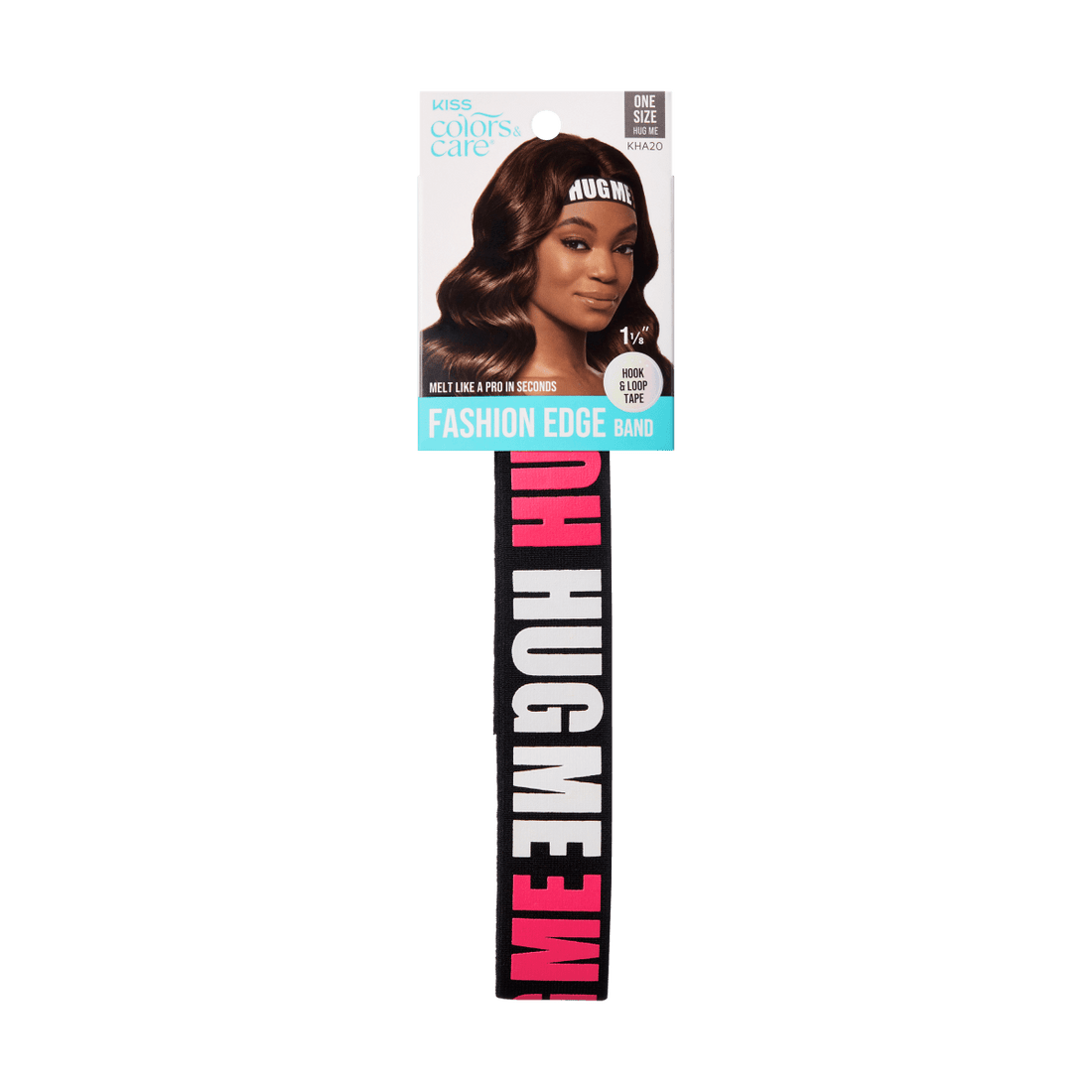 KISS Colors &amp; Care Perfect Melt Fashion Edge Band packaging shows a woman wearing a black elastic band with large white and pink text \