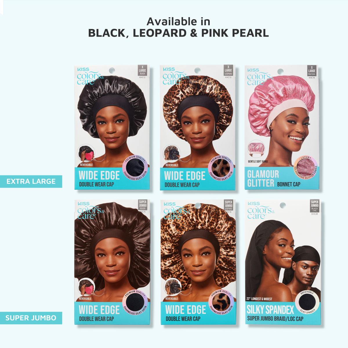 Six KISS Colors &amp; Care hair caps displayed on packaging with models wearing the caps. Top row: Extra Large size in black and leopard wide edge double wear caps, and pink pearl glamour glitter bonnet cap.