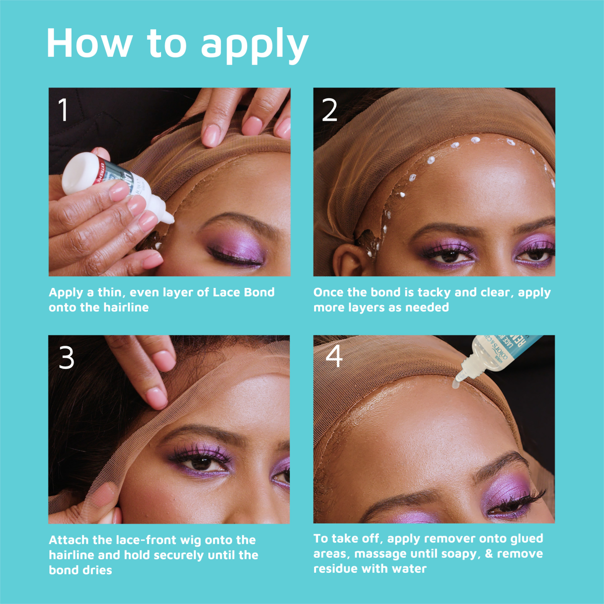 Step-by-step application guide on a turquoise background showing a person with purple eyeshadow applying lace bond glue and remover to a lace-front wig hairline.