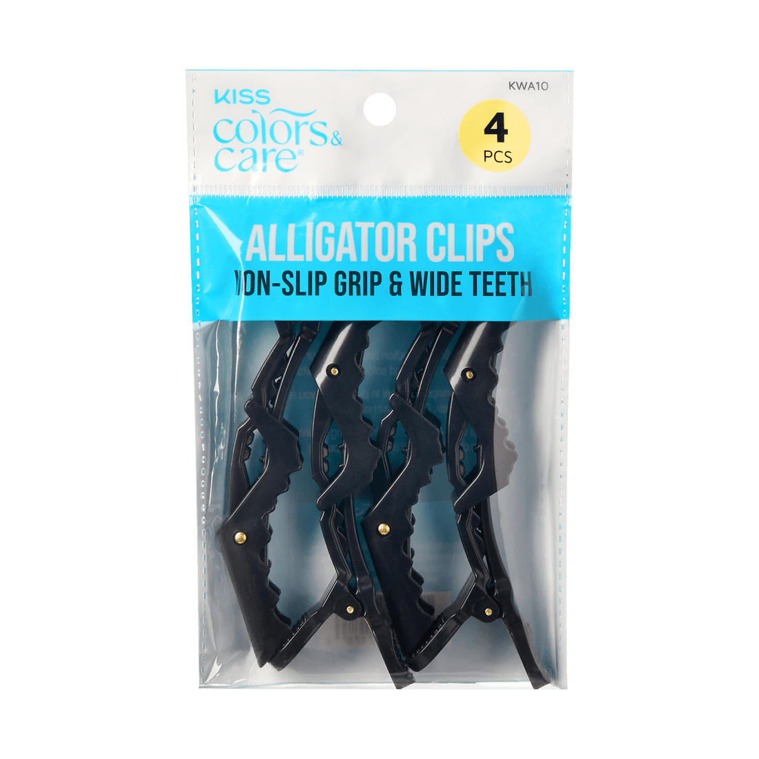 KISS Colors &amp; Care packaging with four black alligator hair clips visible, labeled with \