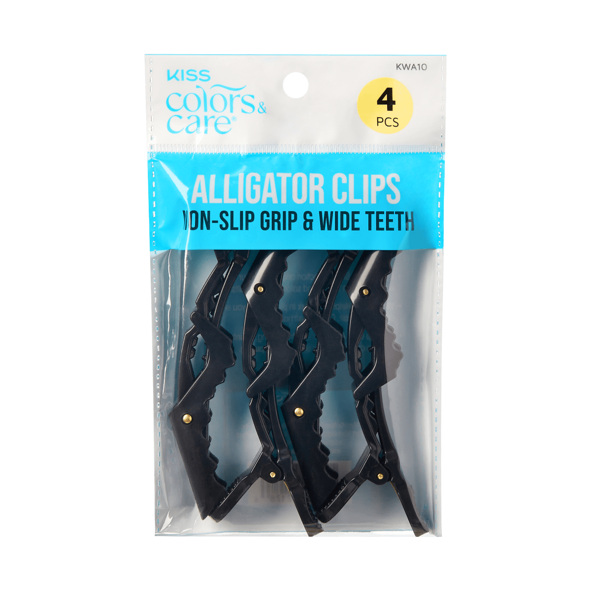 KISS Colors &amp; Care packaging with four black alligator hair clips visible, labeled with \