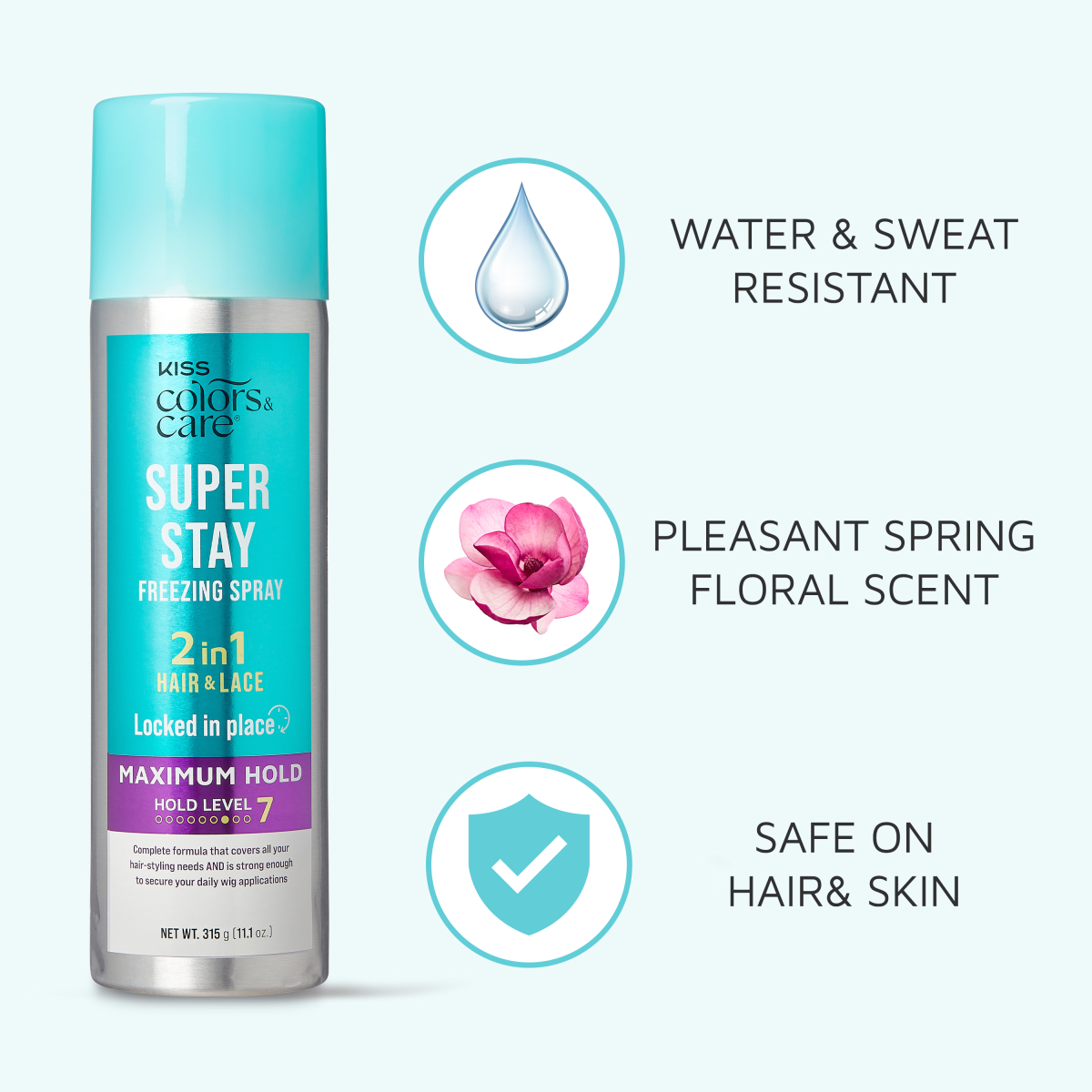 KISS Colors &amp; Care Super Stay Freezing Spray in cyan and silver can with purple label, featuring maximum hold level 7, water and sweat resistant, floral scent, safe on hair and skin.