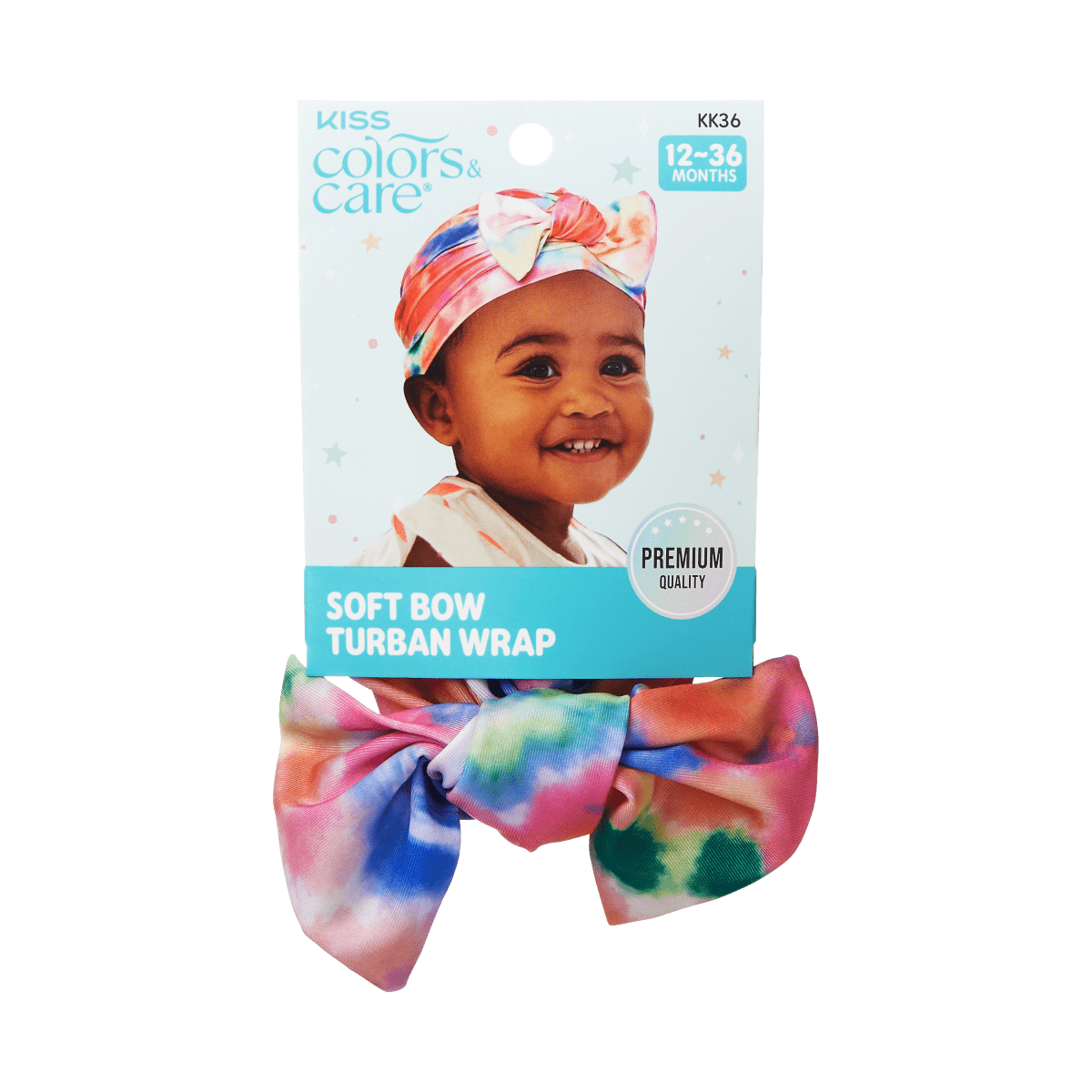 Toddler-sized tie-dye pre-tied soft bow turban wrap in pink, blue, green, and orange, shown on packaging with smiling toddler image and \