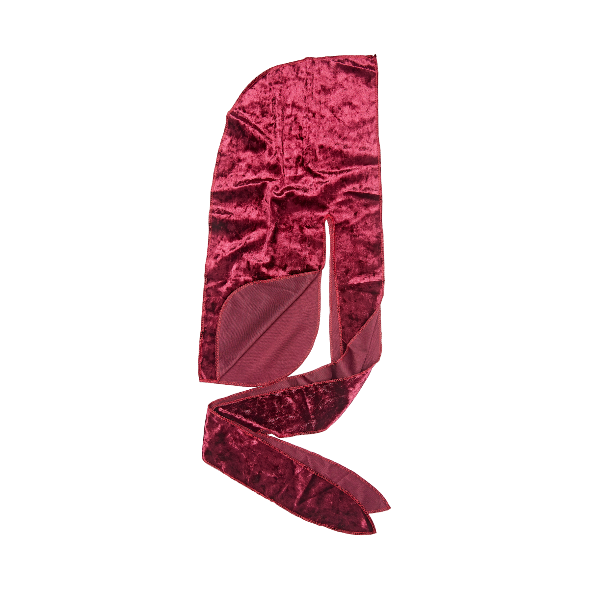 Burgundy velvet durag laid flat showing the soft shiny fabric and long tail straps, with a smooth inner lining visible on one side.
