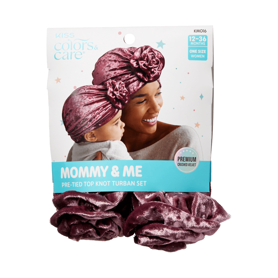 Berry-colored crushed velvet pre-tied top knot turban set for mother and child, shown on packaging with smiling woman and baby wearing matching turbans.