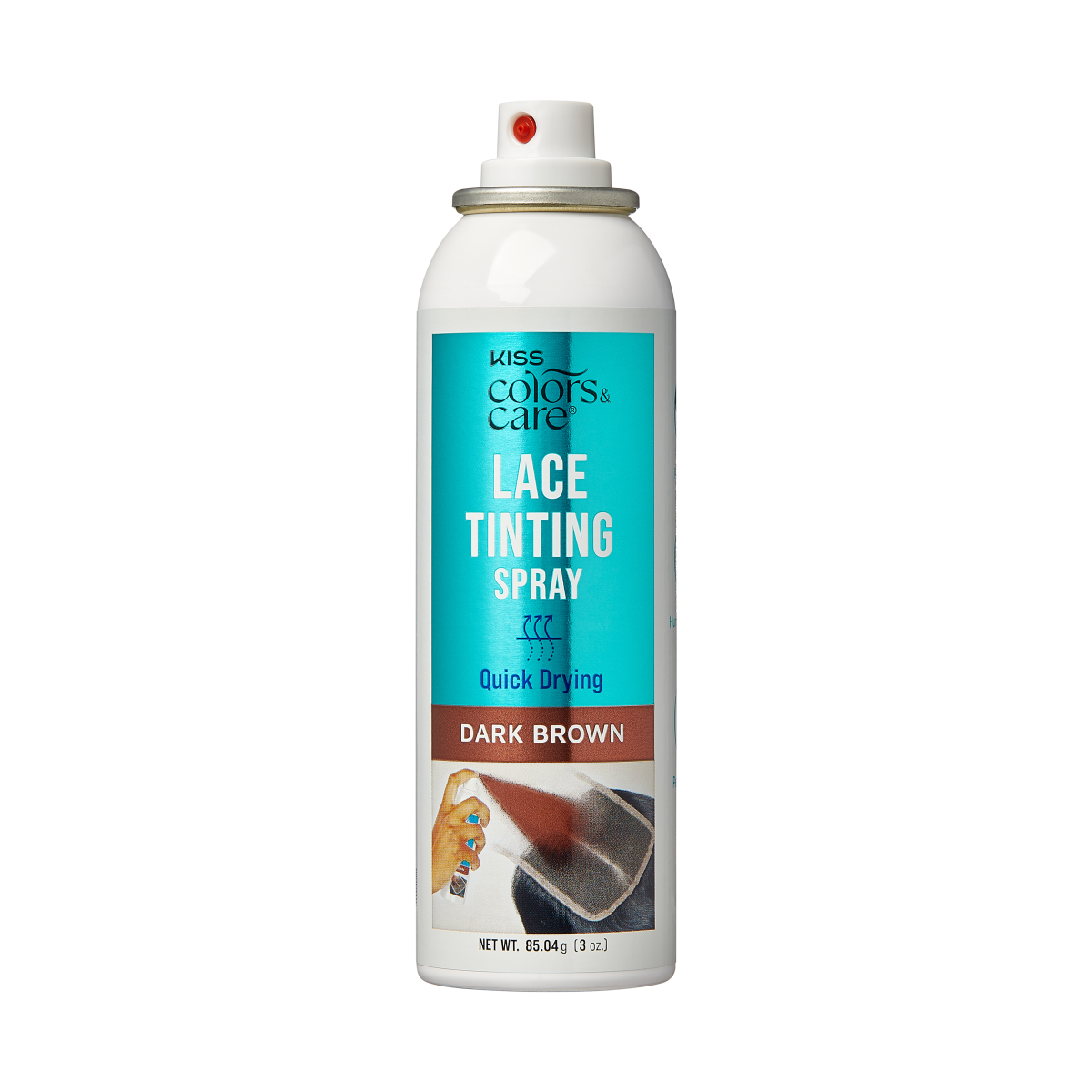 White aerosol spray can with a turquoise label reading \