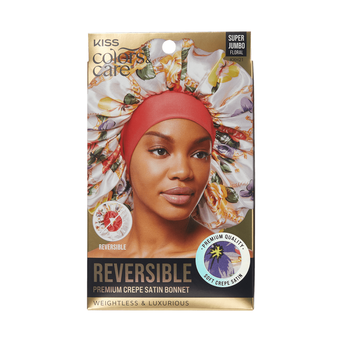 Packaging for KISS Colors &amp; Care reversible super jumbo hair bonnet features a woman wearing a floral crepe satin bonnet with a coral inner lining. Text highlights \