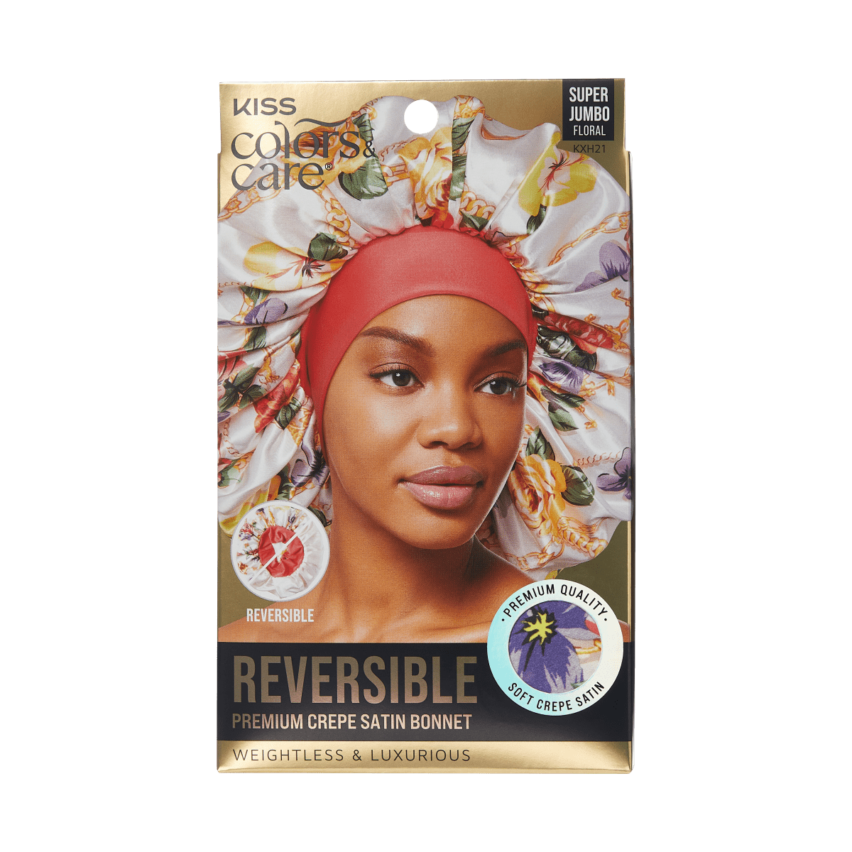 Packaging for KISS Colors &amp; Care reversible super jumbo hair bonnet features a woman wearing a floral crepe satin bonnet with a coral inner lining. Text highlights \