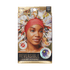 Packaging for KISS Colors & Care reversible super jumbo hair bonnet features a woman wearing a floral crepe satin bonnet with a coral inner lining. Text highlights \