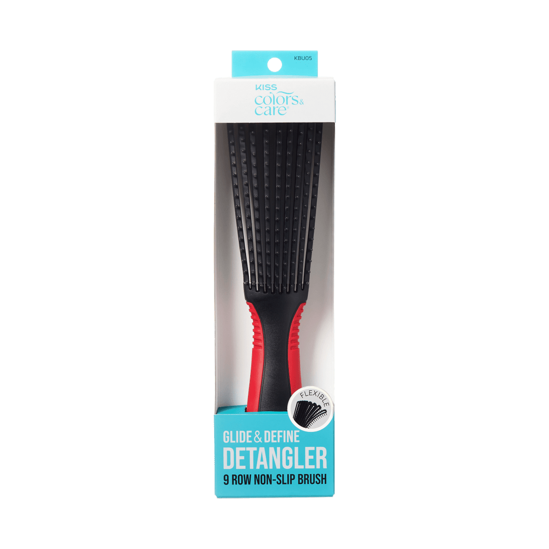 KISS Colors &amp; Care large black detangling brush with red and black handle, packaged in white and blue box with \