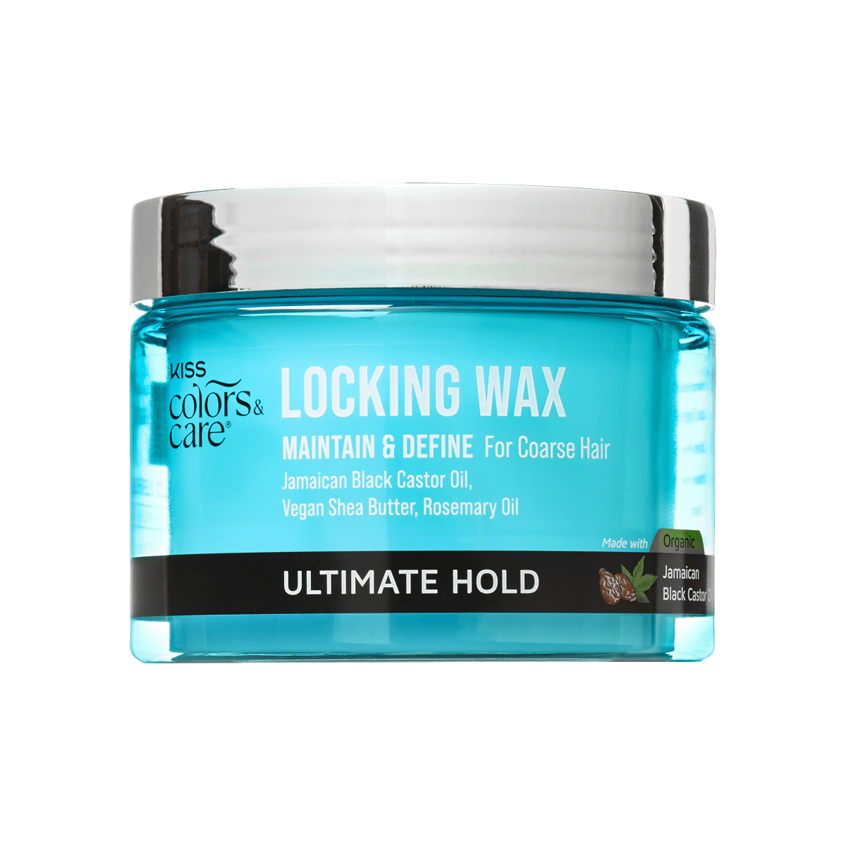 KISS Colors &amp; Care Locking Wax in a 6 oz translucent blue jar with silver lid, for coarse hair with ultimate hold, featuring Jamaican Black Castor Oil and vegan shea butter.