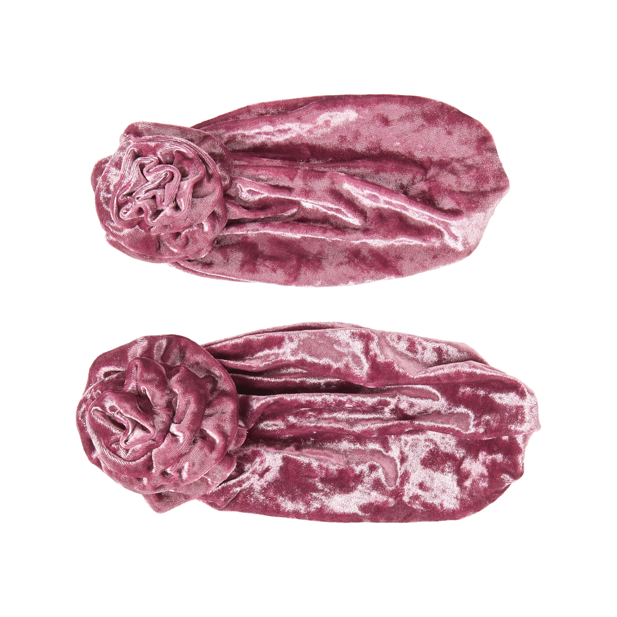 Two soft velvet berry-colored pre-tied top knot turbans, one smaller for a child and one larger for an adult, displayed on a white background.