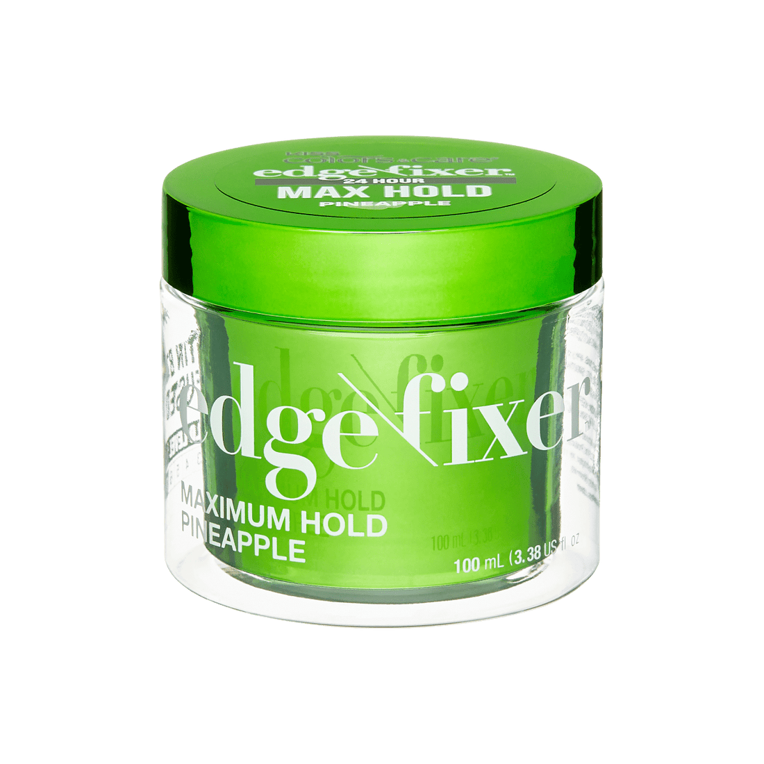 Green and clear round jar of KISS Colors &amp; Care Edge Fixer with green lid, labeled \