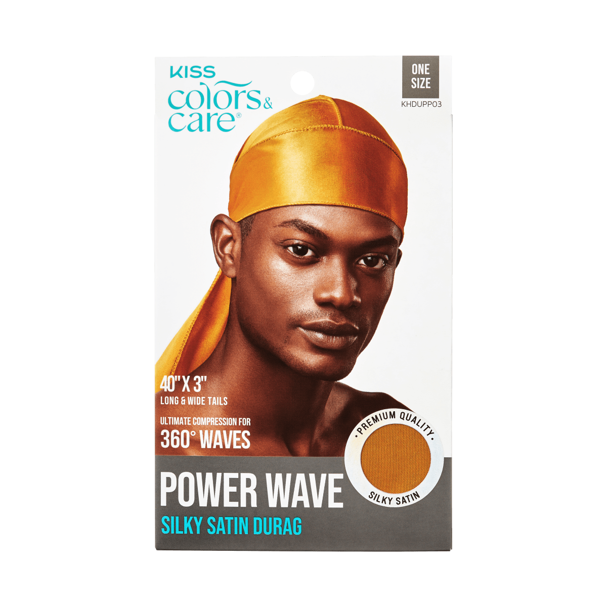 Photo of packaging for a gold satin durag with a male model wearing the durag. Text highlights \