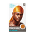 Photo of packaging for a gold satin durag with a male model wearing the durag. Text highlights \