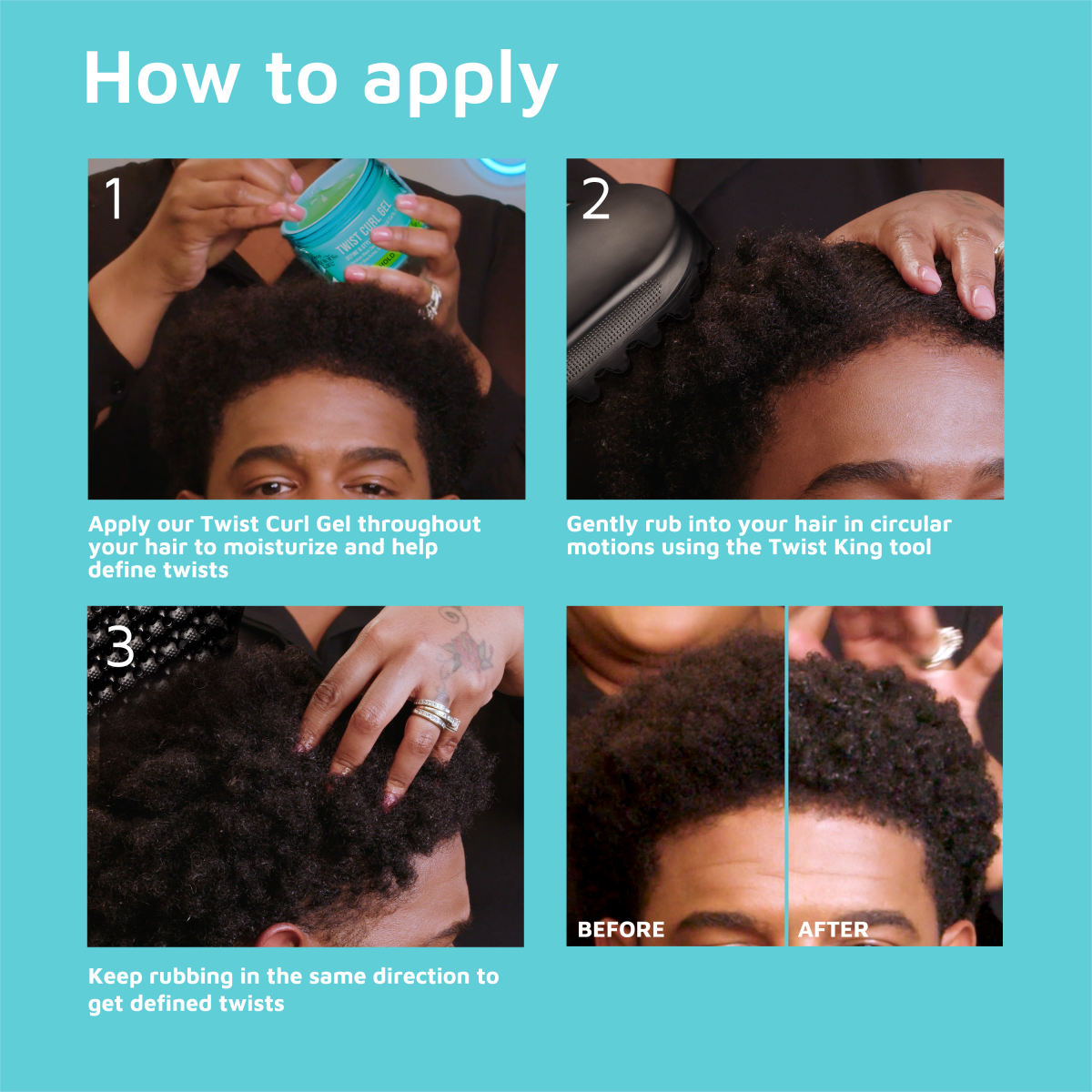Four-step visual guide on a blue background showing a person applying KISS Twist Curl Gel and using the Twist King tool to define twists, with before and after hair results.