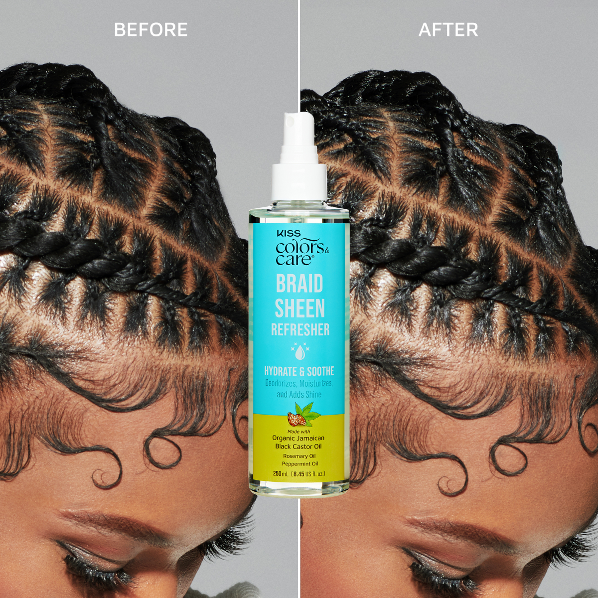 Spray bottle of KISS Colors &amp; Care Braid Sheen Refresher with a before-and-after of braided hair showing increased shine and smoothness after use.
