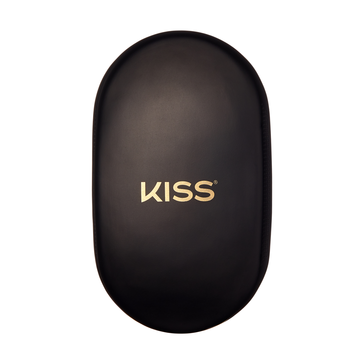 Black oval-shaped hairbrush with smooth matte finish, featuring the gold \