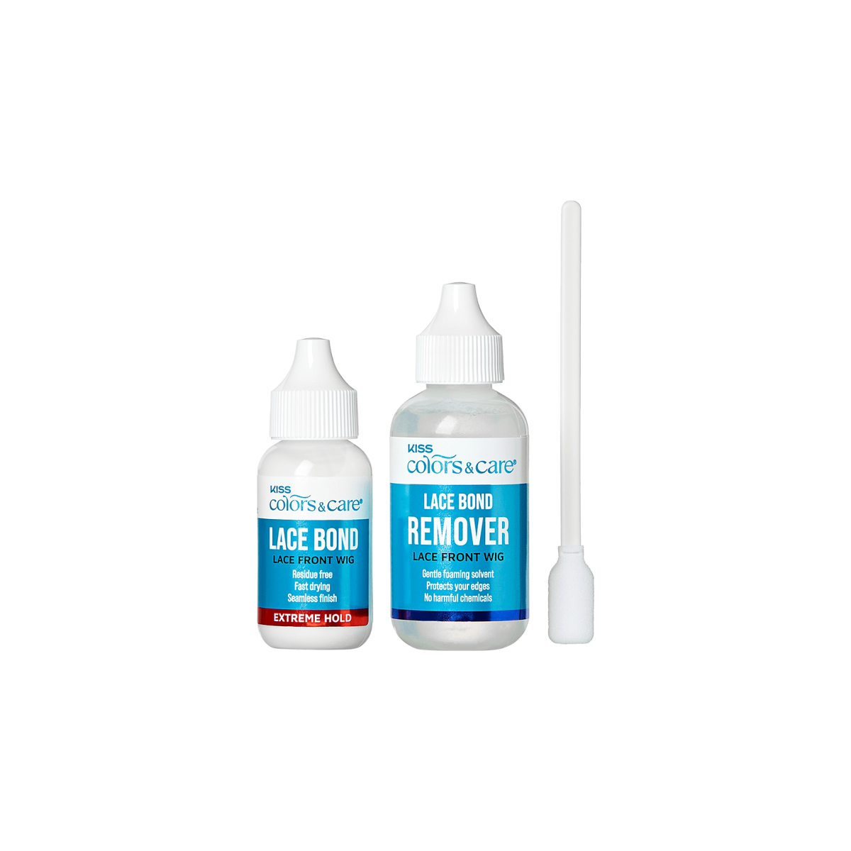 Two small bottles and an applicator stick for the KISS Colors &amp; Care Lace Bond Glue and Remover Kit. The glue bottle states \