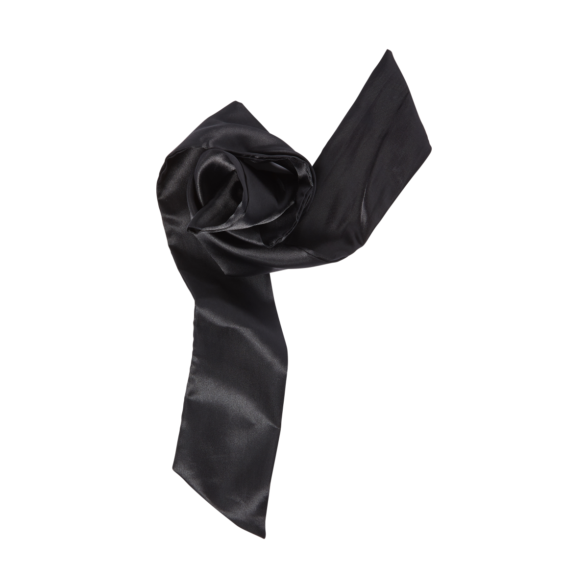 Smooth black silky satin scarf with a soft sheen, shown loosely folded with edges visible against a white background.