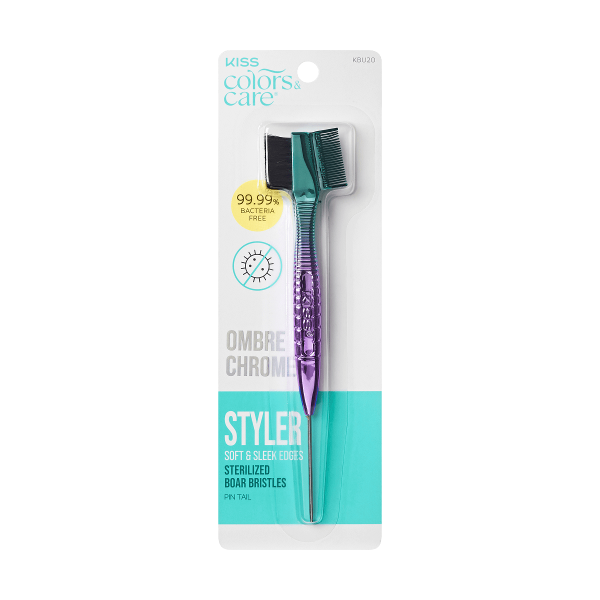 KISS Colors &amp; Care Ombre Chrome 3-in-1 edge brush with teal and purple metallic handle, soft black bristles, comb, and metal pin tail, packaged with claims of 99.99% bacteria free and sterilized boar bristles for styling soft, sleek edges.