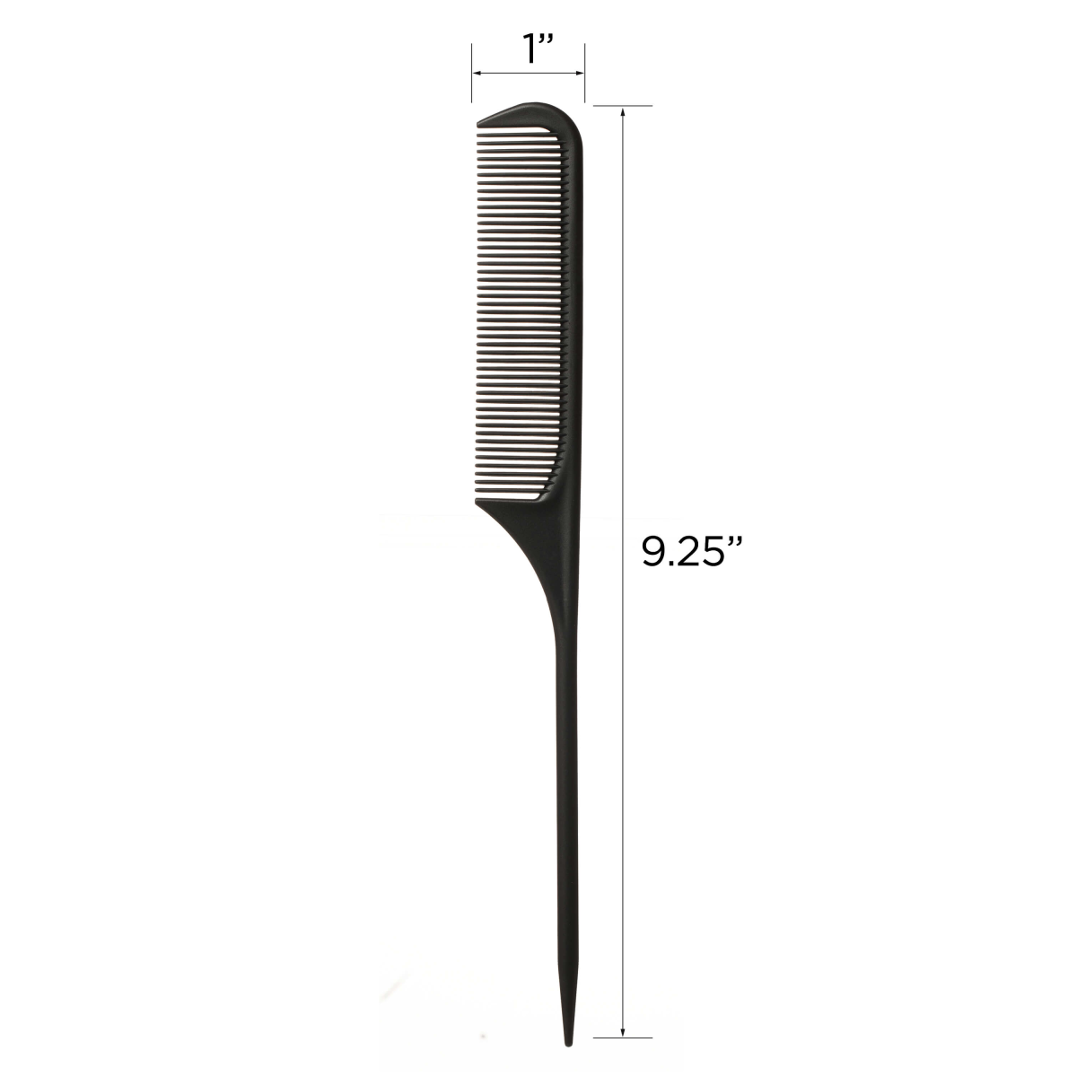 Black rat tail comb with fine teeth and pointed handle, measuring 9.25 inches long and 1 inch wide, shown on a white background with size dimensions.