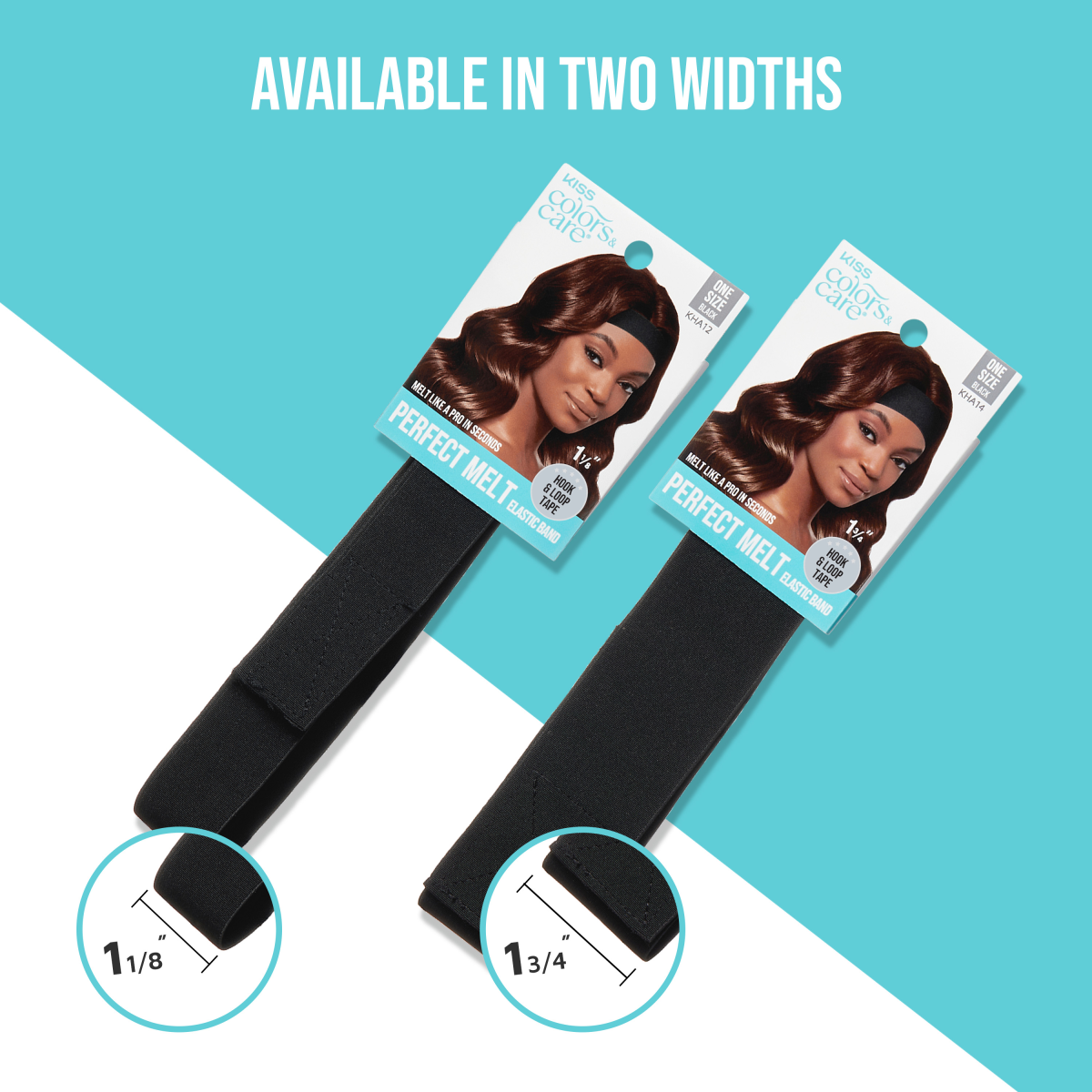 Two black KISS Colors &amp; Care Perfect Melt Elastic Bands with packaging showing a model wearing the band. Text highlights \