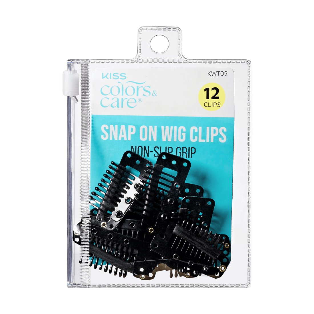 KISS Colors &amp; Care package of 12 black snap-on wig clips with non-slip grip, visible through clear resealable plastic pouch.