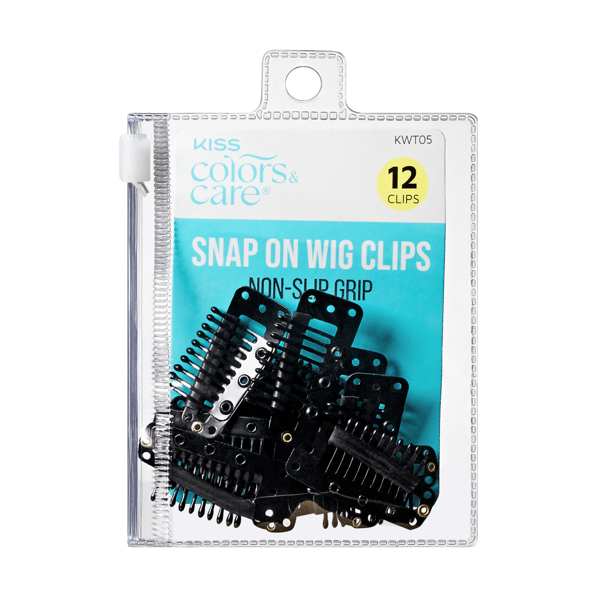 KISS Colors &amp; Care package of 12 black snap-on wig clips with non-slip grip, visible through clear resealable plastic pouch.