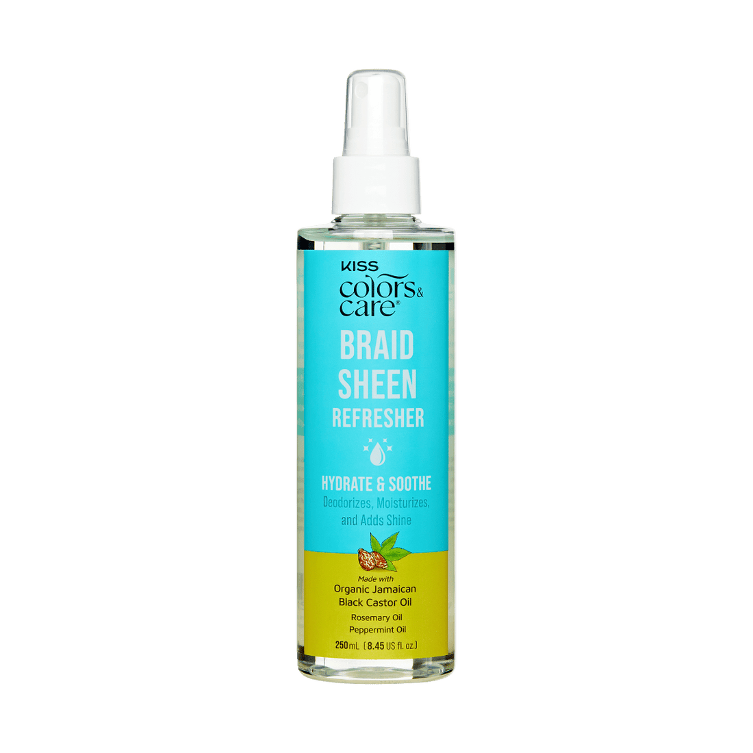 Clear plastic spray bottle with white spray top, labeled KISS Colors &amp; Care Braid Sheen Refresher. Blue and yellow label highlights hydration, soothing, and shine with organic Jamaican black castor oil, rosemary, and peppermint oils. Contains 8.45 fl oz.
