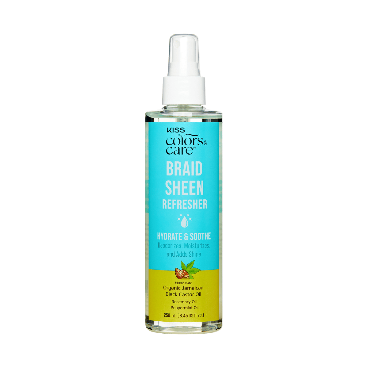 Clear plastic spray bottle with white spray top, labeled KISS Colors &amp; Care Braid Sheen Refresher. Blue and yellow label highlights hydration, soothing, and shine with organic Jamaican black castor oil, rosemary, and peppermint oils. Contains 8.45 fl oz.