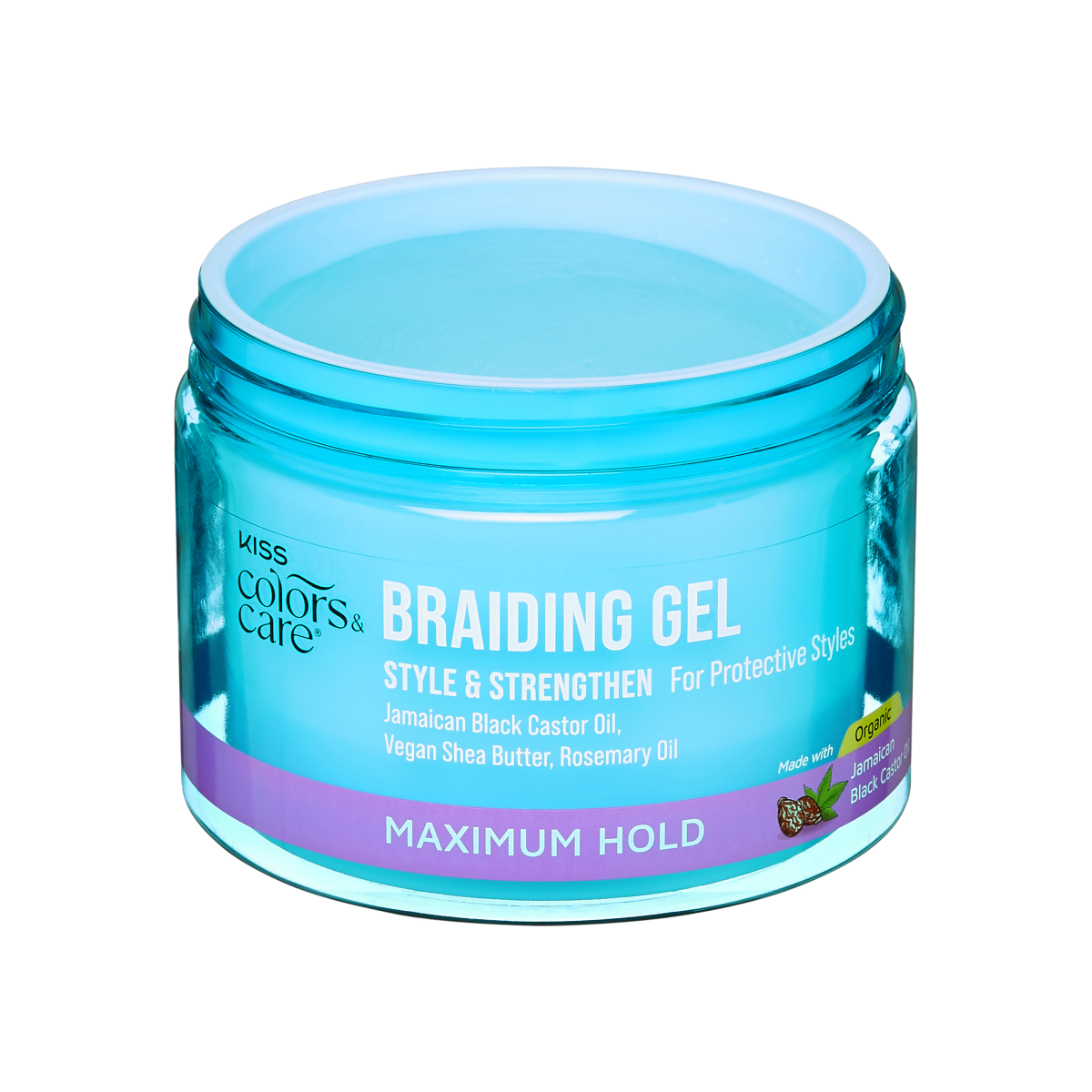 Blue translucent open jar of KISS Colors &amp; Care Braiding Gel with text highlighting style, strengthen, maximum hold, and ingredients like Jamaican Black Castor Oil, Shea Butter, and Rosemary Oil.