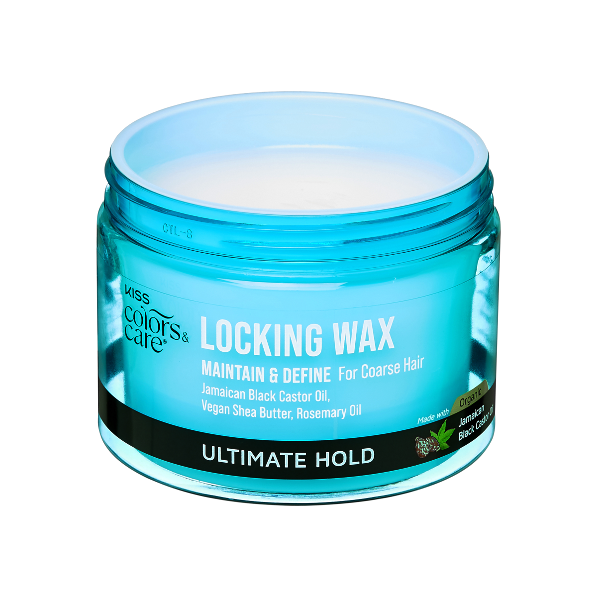 Blue plastic jar of KISS Colors &amp; Care Locking Wax for coarse hair, featuring ultimate hold with Jamaican black castor oil, vegan shea butter, and rosemary oil.