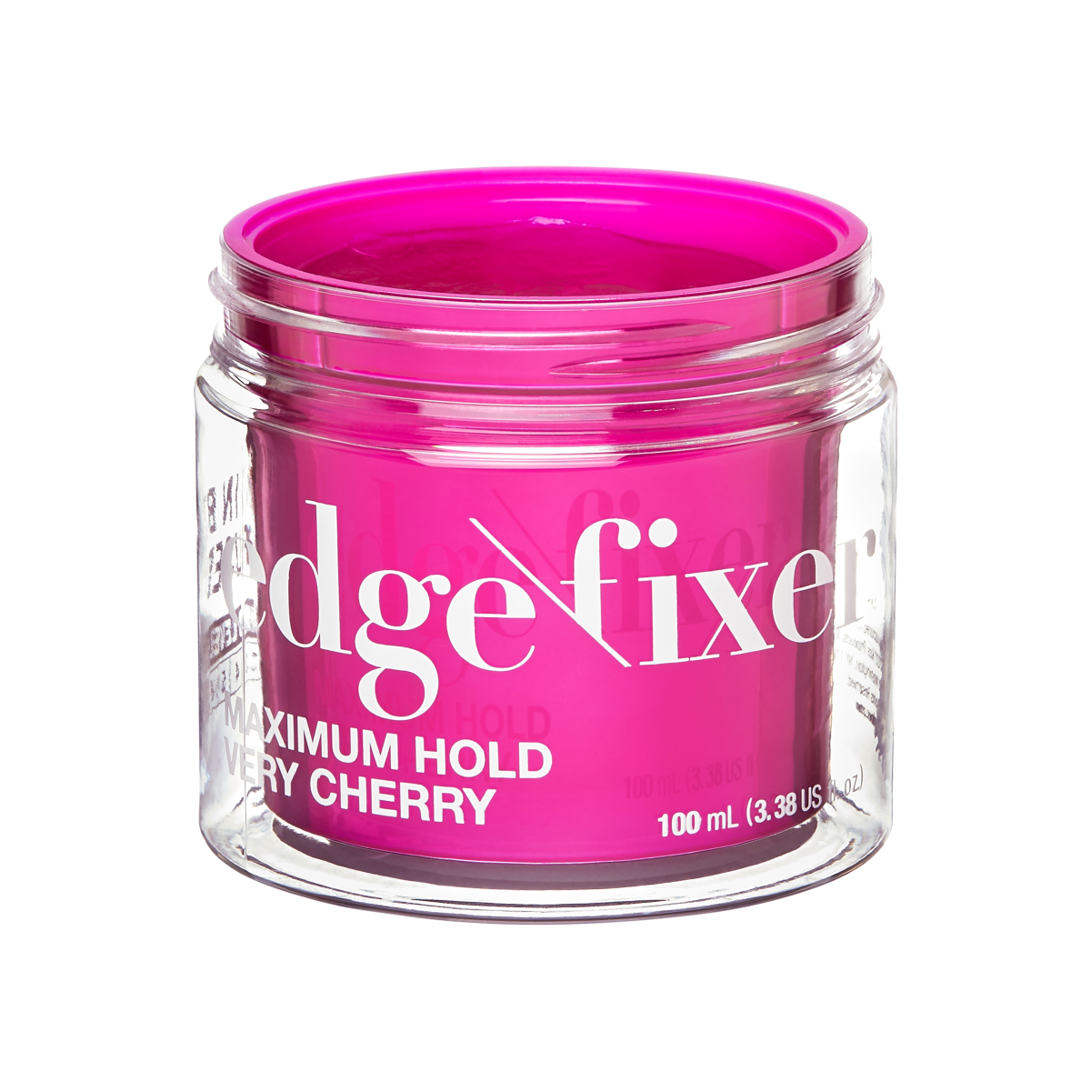 Clear round jar with bright pink lid and inner container, labeled \