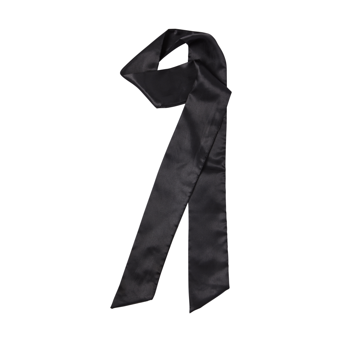 Black silky satin scarf with a smooth, shiny finish, shown loosely tied against a white background.