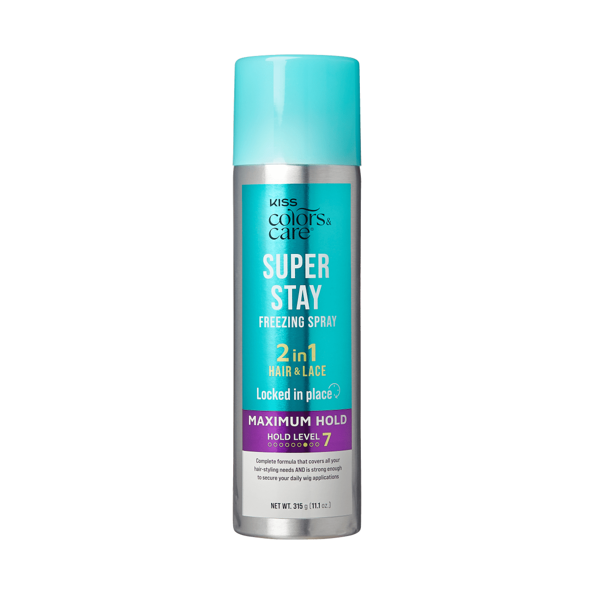 Tall silver spray can with a light blue cap, labeled KISS Colors &amp; Care Super Stay Freezing Spray 2 in 1 Hair &amp; Lace, Maximum Hold Level 7, 11.1 oz.