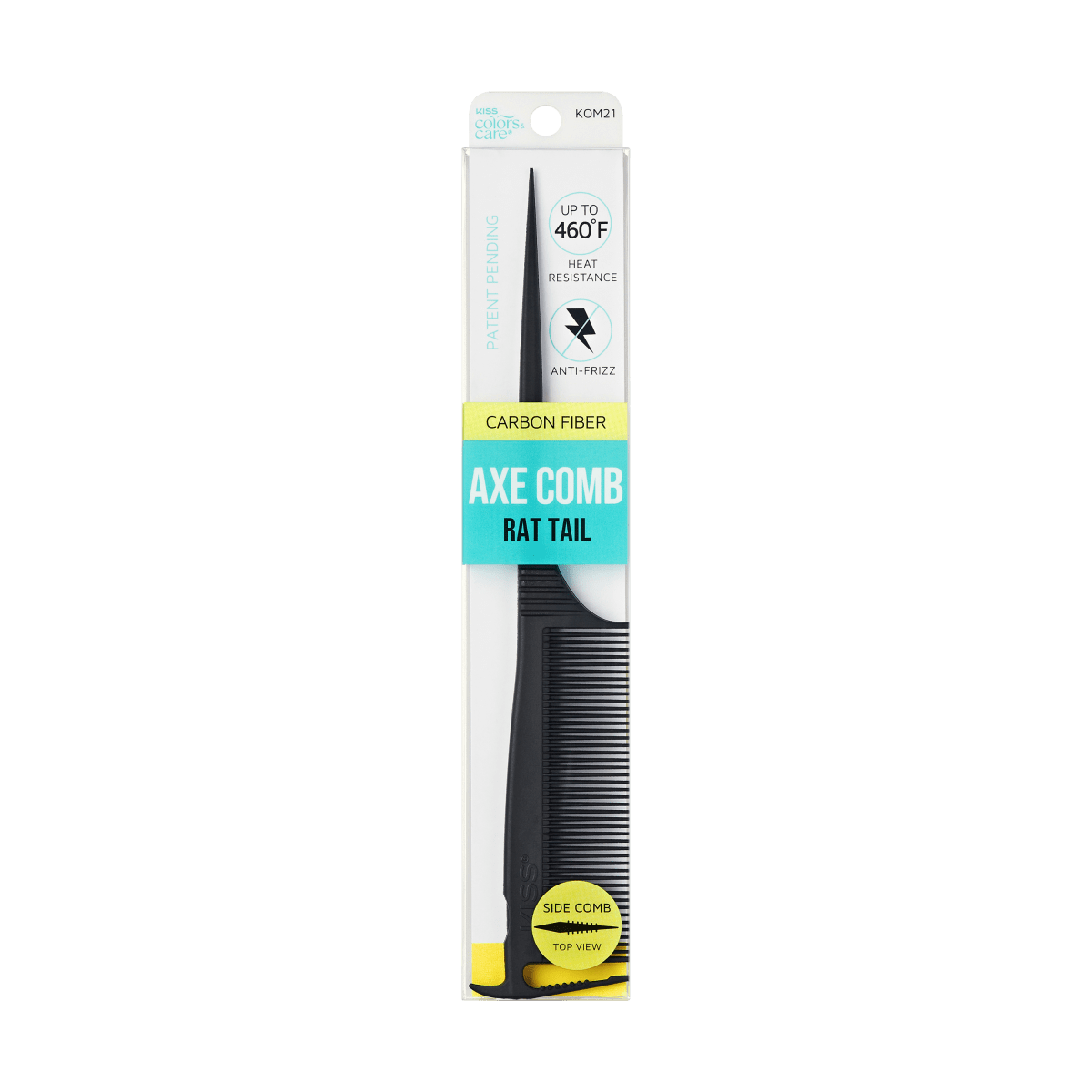 Black carbon fiber axe rat tail parting comb in clear packaging with text highlighting heat resistance up to 460°F and anti-frizz properties.