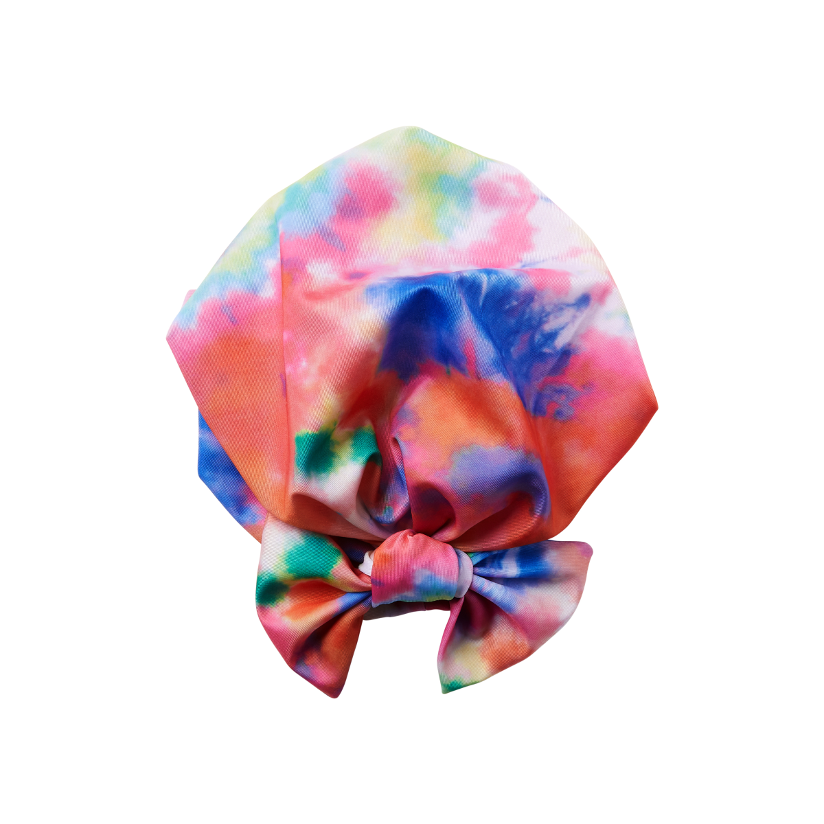 Pre-tied toddler turban wrap in soft, silky fabric featuring a colorful tie-dye pattern with a top knot bow detail.
