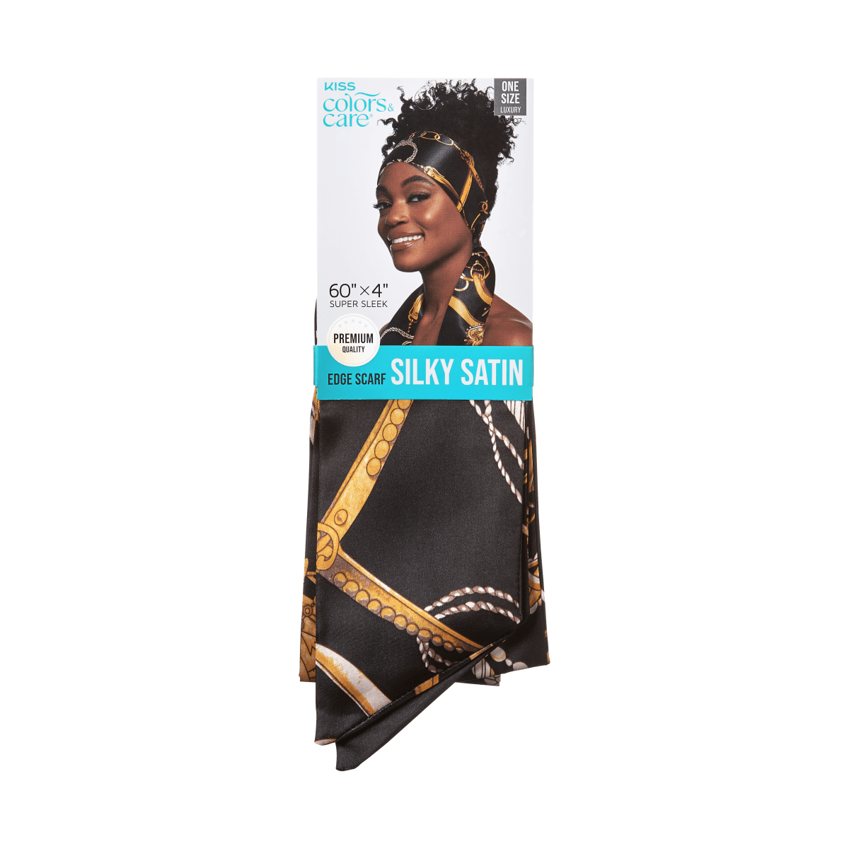 KISS Colors &amp; Care silky satin edge scarf in black with gold chain pattern, shown on packaging with smiling woman wearing scarf as headwrap.