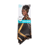 KISS Colors & Care silky satin edge scarf in black with gold chain pattern, shown on packaging with smiling woman wearing scarf as headwrap.