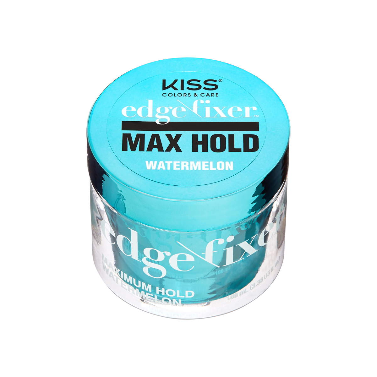 Clear round container of KISS Colors &amp; Care Edge Fixer gel with turquoise lid, labeled \
