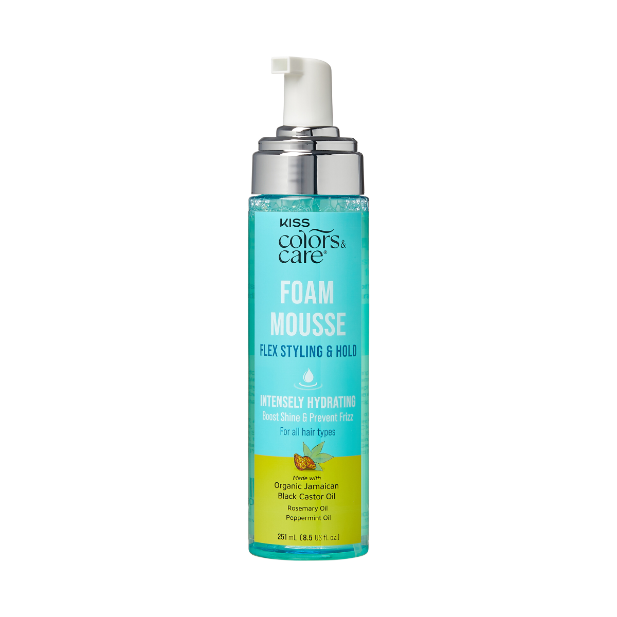Clear blue plastic bottle with silver pump top containing KISS Colors &amp; Care Foam Mousse labeled for flex styling, intense hydration, and frizz prevention with organic Jamaican black castor oil.