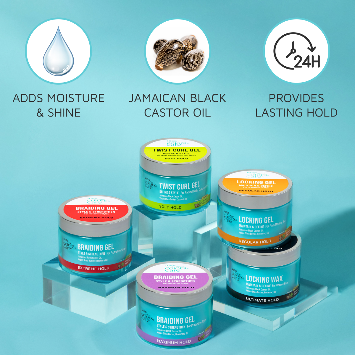 Five jars of KISS Colors &amp; Care hair styling gels and wax in various colors are arranged on clear acrylic blocks against a blue background.